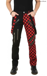 Punk pánské kalhoty - černá/černo červená SKA/6x zip/kšandy