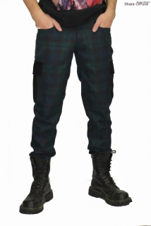 Punk pánské kalhoty kaspáče - modro zelený tartan SKLADEM vel.S