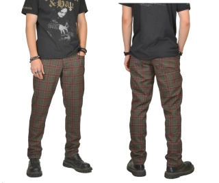 Punk pánské kalhoty -khaki vínové káro