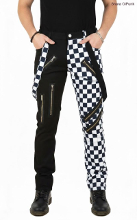 Punk pánské kalhoty - černá/černo bílá SKA/6x zip/kšandy