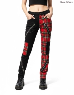 Punk dámské kalhoty kapsáče- černá/červené karo/4 zipů