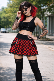 Punk sukně lehce skládaná- červená SKA/krajka/šle