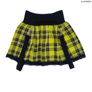 Punk sukně lehce skládaná- žluté káro/krajka/šle