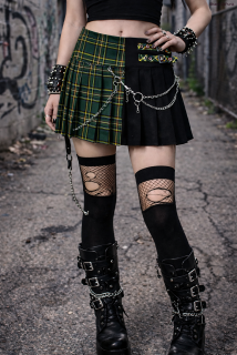 PUNK sukně se sklady a pásky - černá/zelená kostka