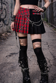 PUNK sukně se sklady a pásky - černá/červené káro