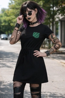 Punk šaty černé se zelenou zebří kapsičkou