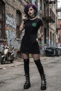 Punk šaty černé se zelenou zebří kapsičkou