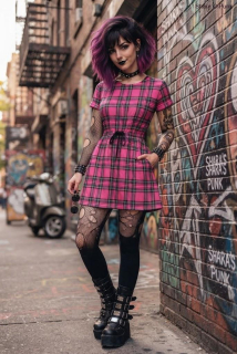 Punk šaty růžové káro
